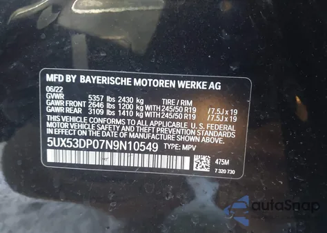 2022 BMW X3 xDrive30I z USA, uszkodzony, nr VIN 5UX53DP07N9N10549